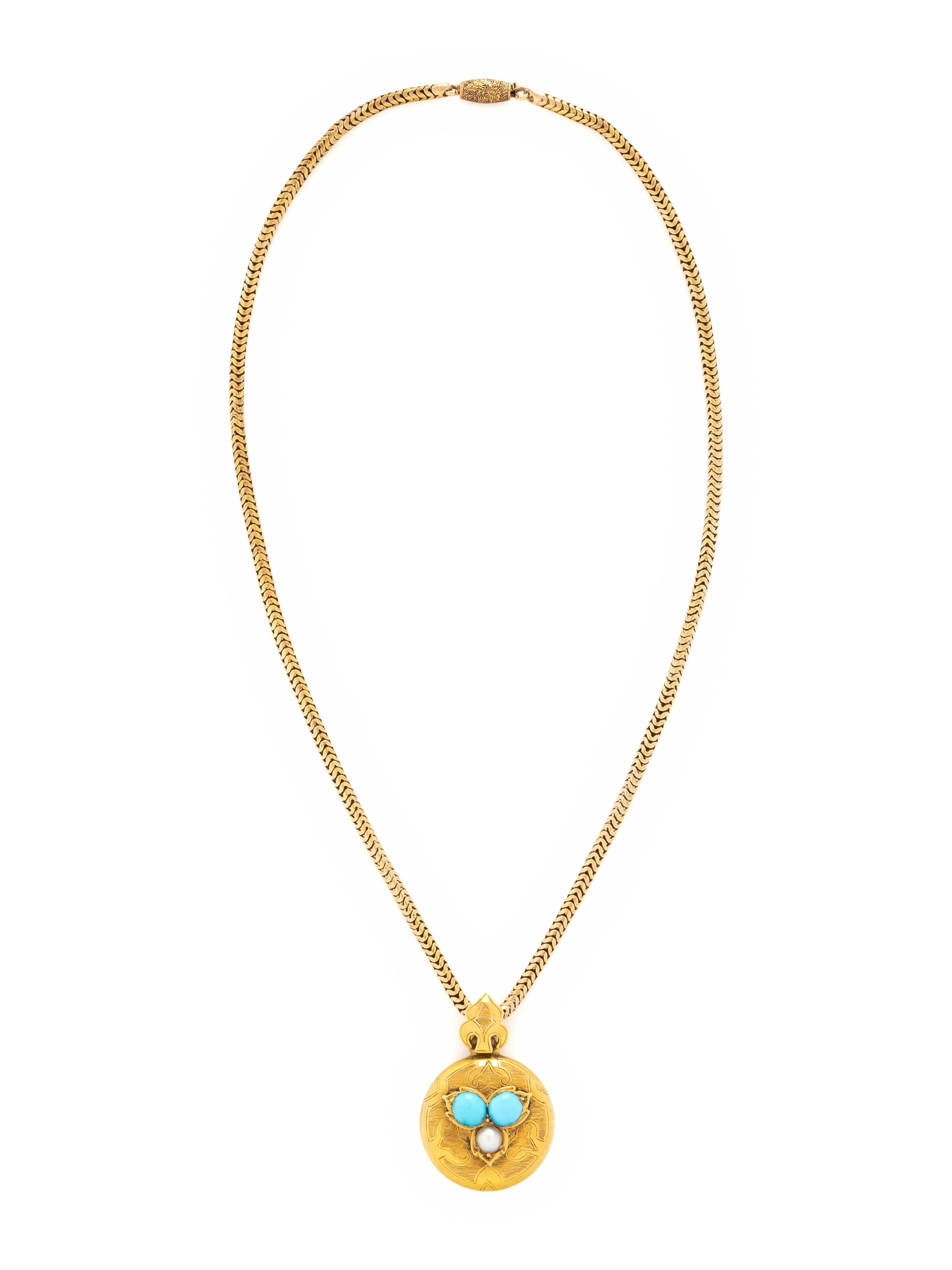 ANTIQUE, YELLOW GOLD, TURQUOISE AND SEED PEARL PENDANT ON CHAIN
