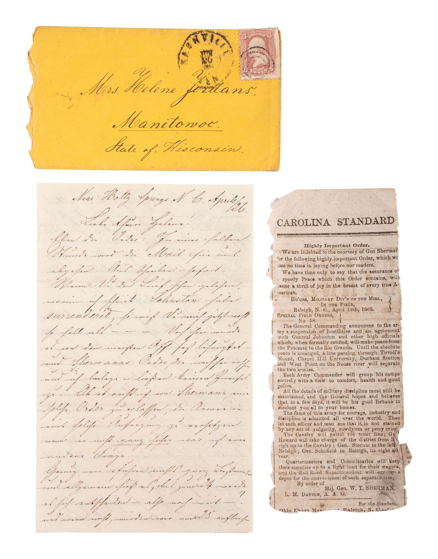 [CIVIL WAR]. A group of 27 letters addressed to Helene Wallich Jordans from husband and brothers serving with the 82nd Illinois and the 26th Wisconsin Infantries. January 1863-June 1865.