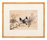 Seven Chinese Export Pith Paintings of Perched Birds and Flowers
