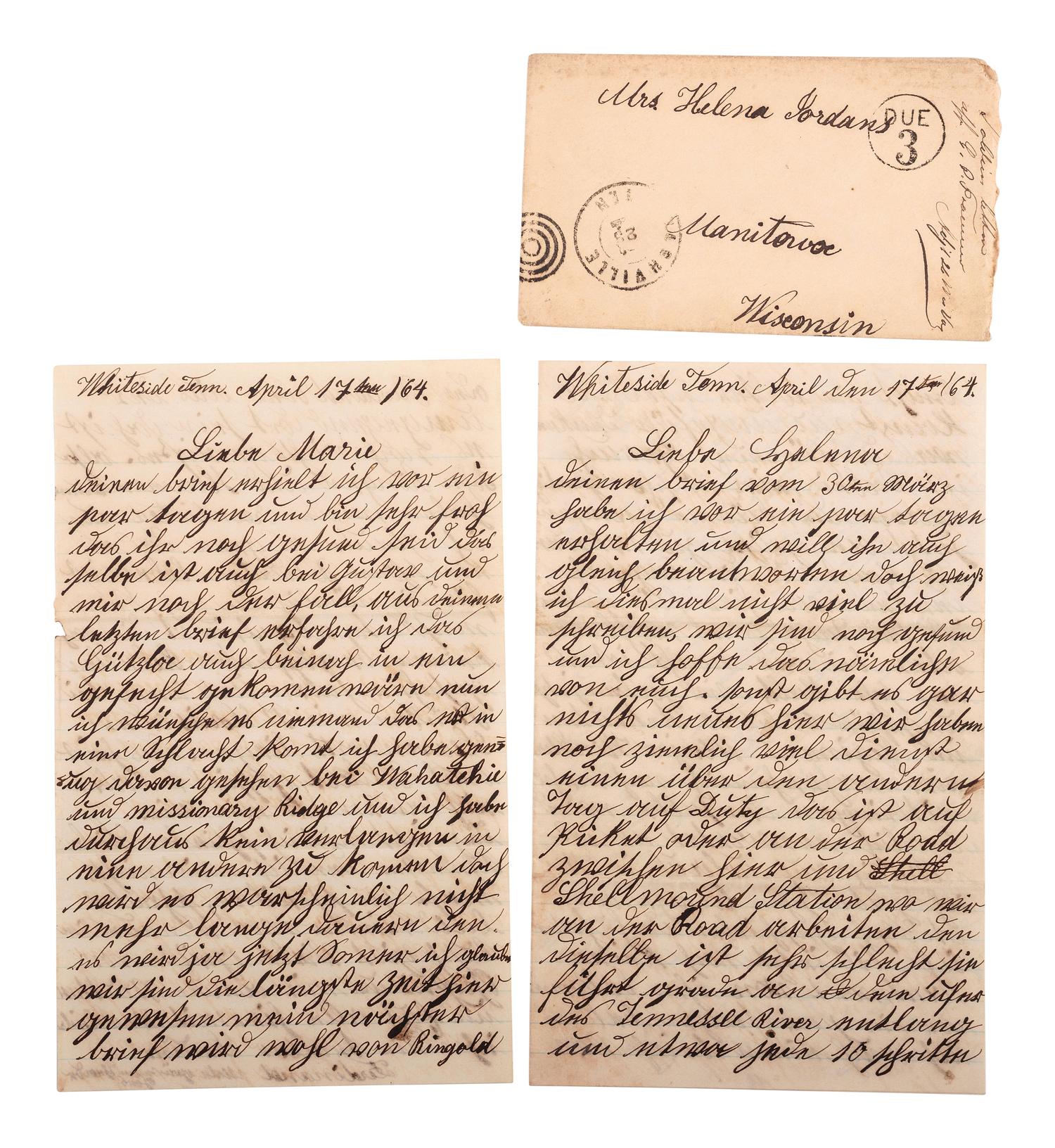 [CIVIL WAR]. A group of 27 letters addressed to Helene Wallich Jordans from husband and brothers serving with the 82nd Illinois and the 26th Wisconsin Infantries. January 1863-June 1865.