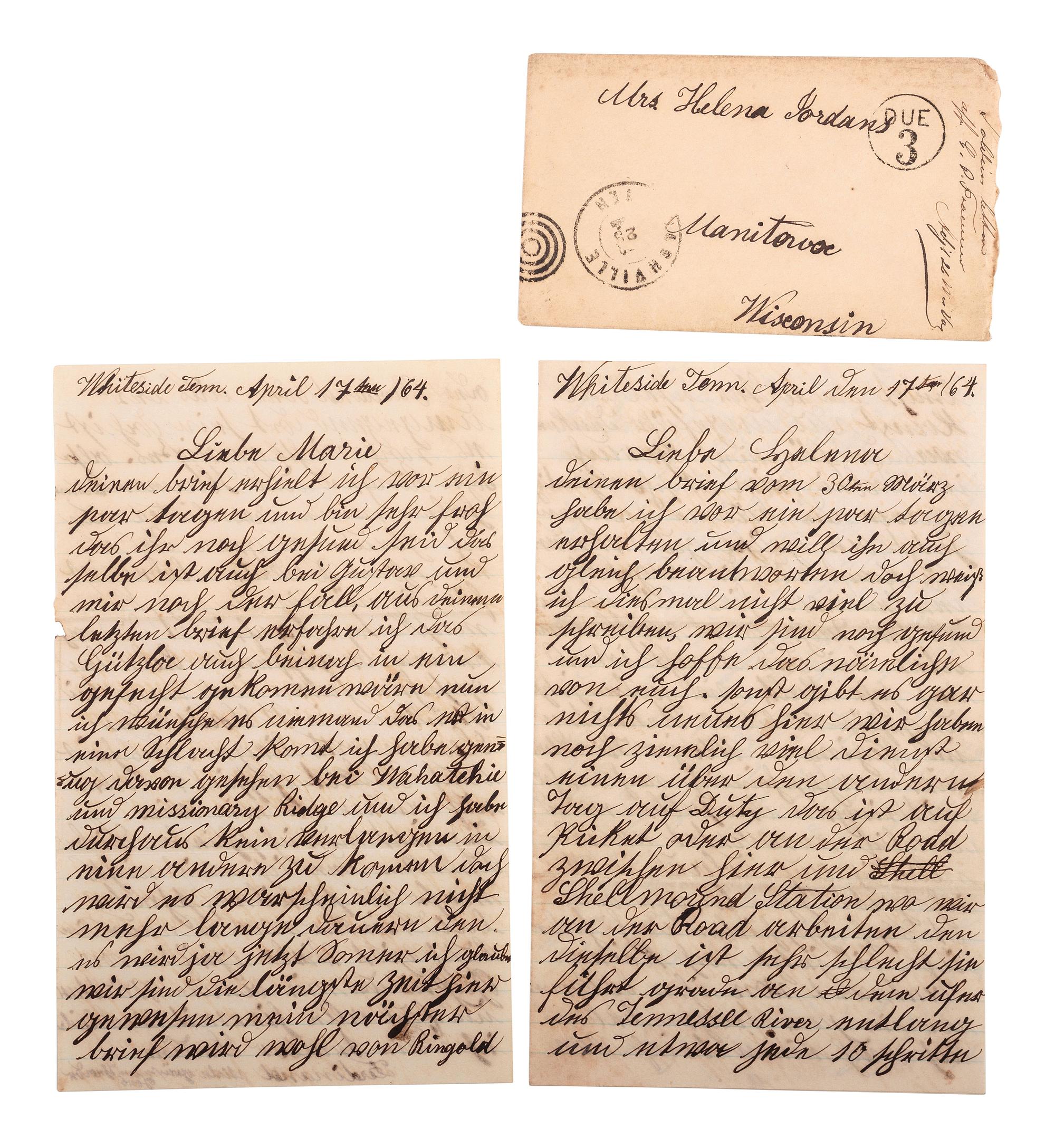 [CIVIL WAR]. A group of 27 letters addressed to Helene Wallich Jordans from husband and brothers serving with the 82nd Illinois and the 26th Wisconsin Infantries. January 1863-June 1865.