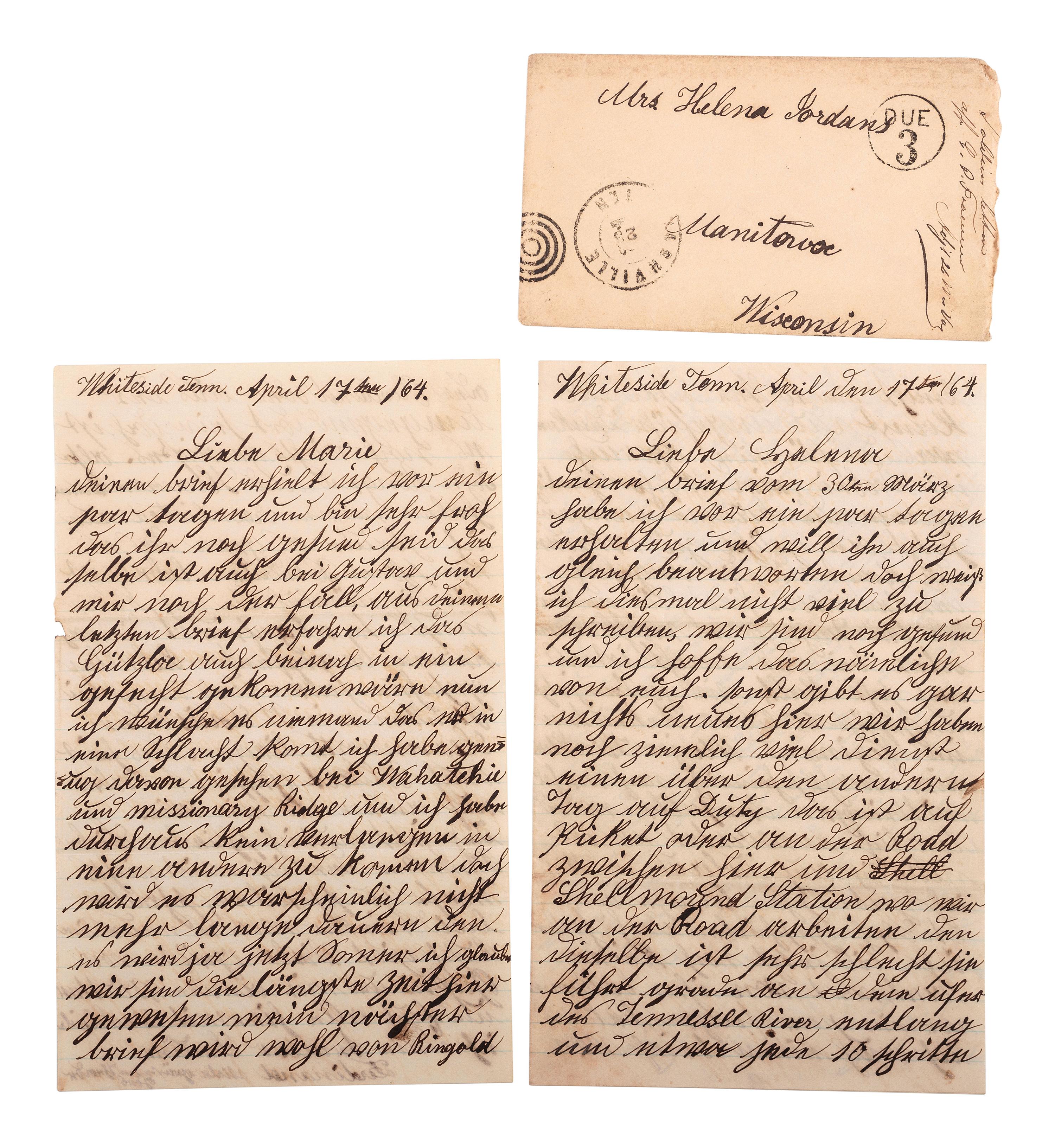 [CIVIL WAR]. A group of 27 letters addressed to Helene Wallich Jordans from husband and brothers serving with the 82nd Illinois and the 26th Wisconsin Infantries. January 1863-June 1865.