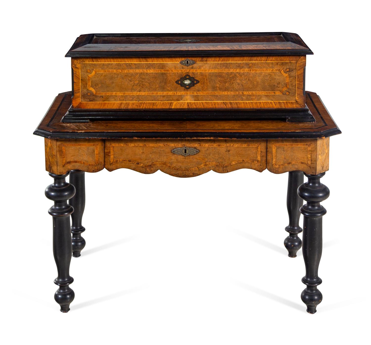 A Swiss Parcel Ebonized and Mother-of-Pearl Inlaid Burlwood Music Box on Stand