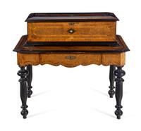 A Swiss Parcel Ebonized and Mother-of-Pearl Inlaid Burlwood Music Box on Stand