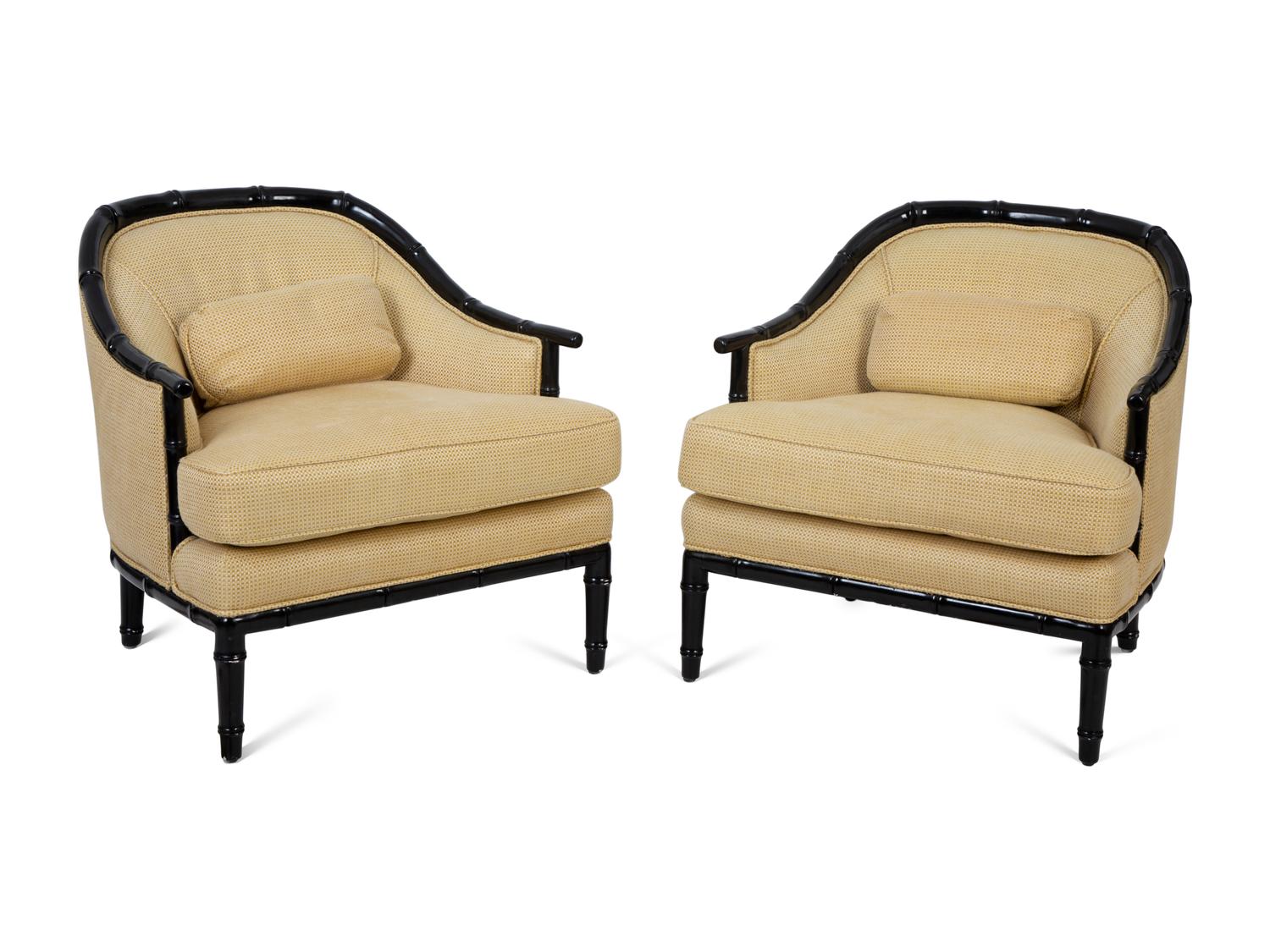 A Pair of Bamboo-Carved Black Lacquered Club Chairs — 20TH CENTURY