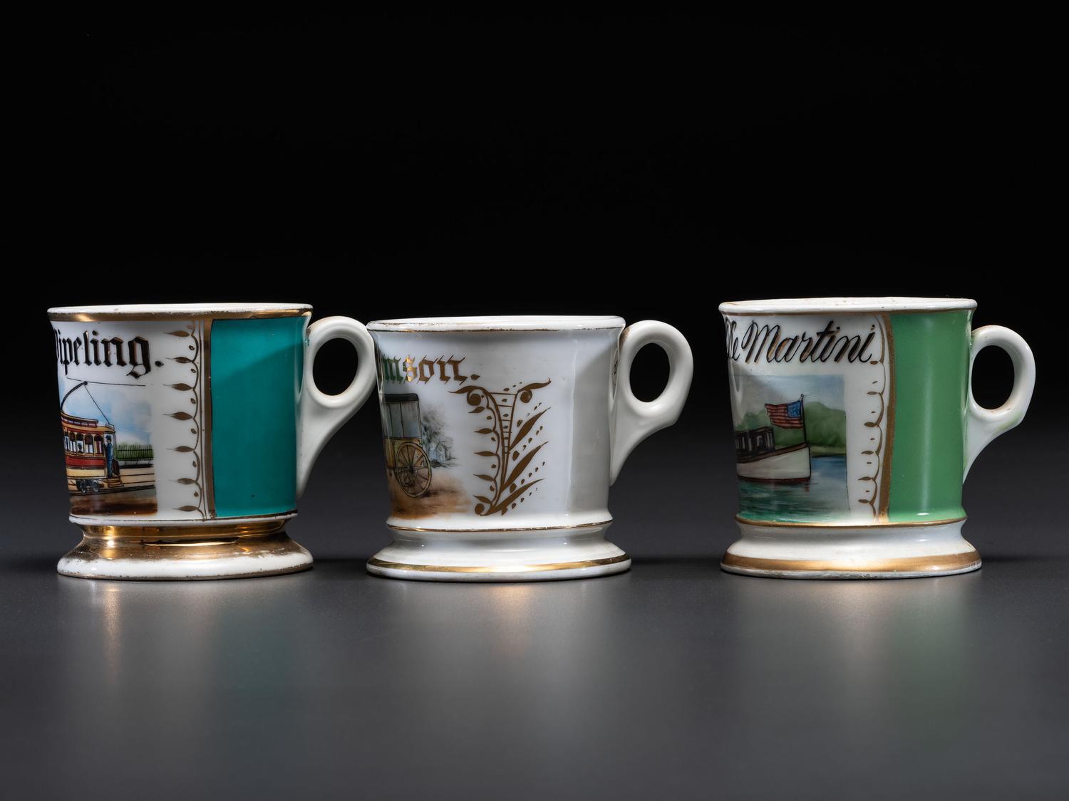 Three Transportation Related Porcelain Occupational Shaving Mugs