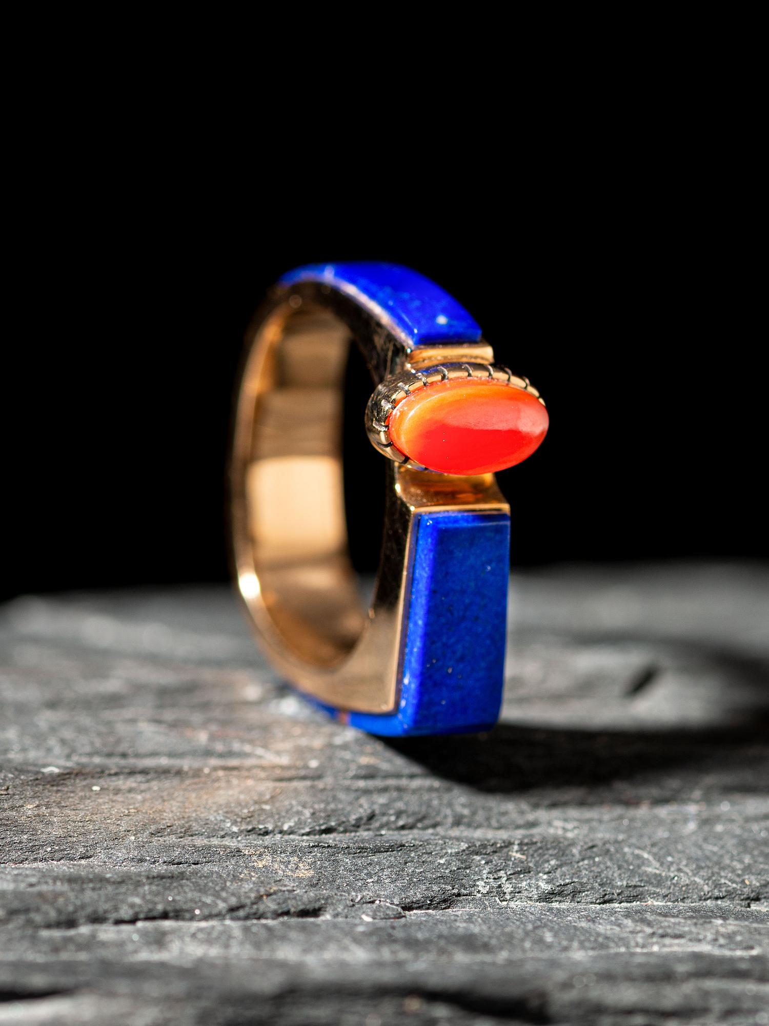 18K Gold, Lapis, and Coral Ring