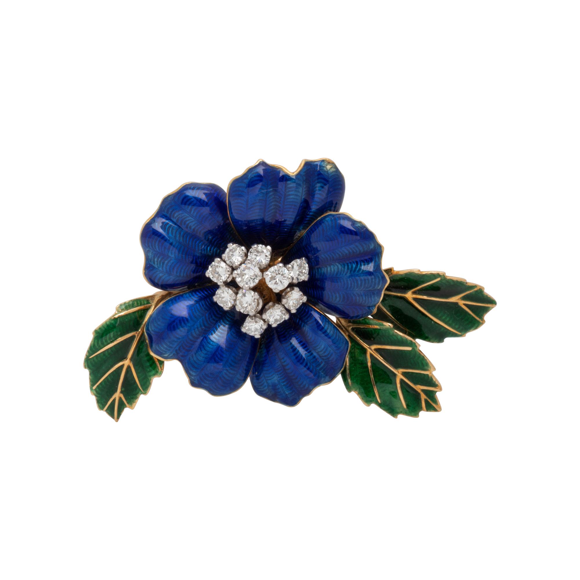 BOUCHERON, ENAMEL AND DIAMOND FLOWER BROOCH