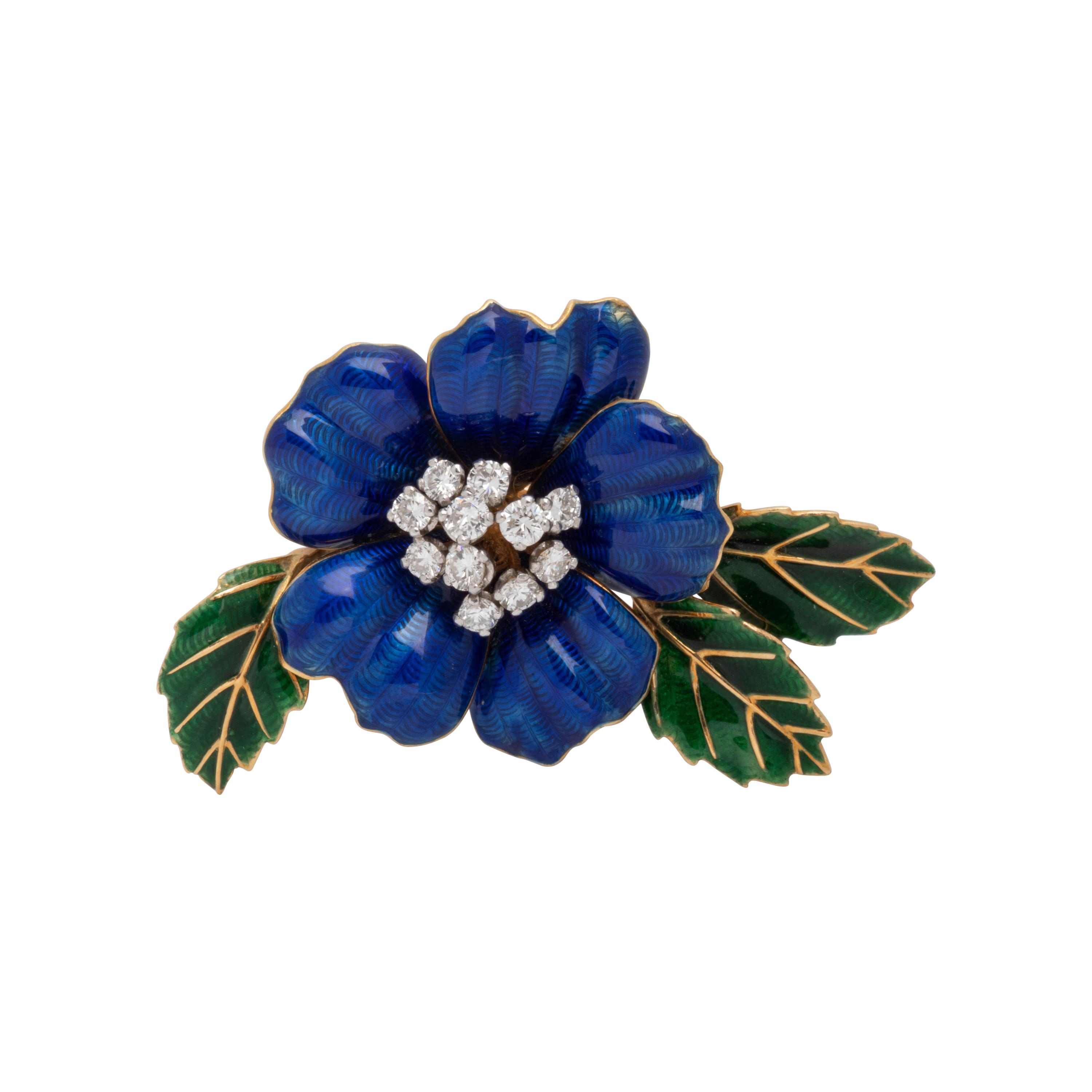 BOUCHERON, ENAMEL AND DIAMOND FLOWER BROOCH