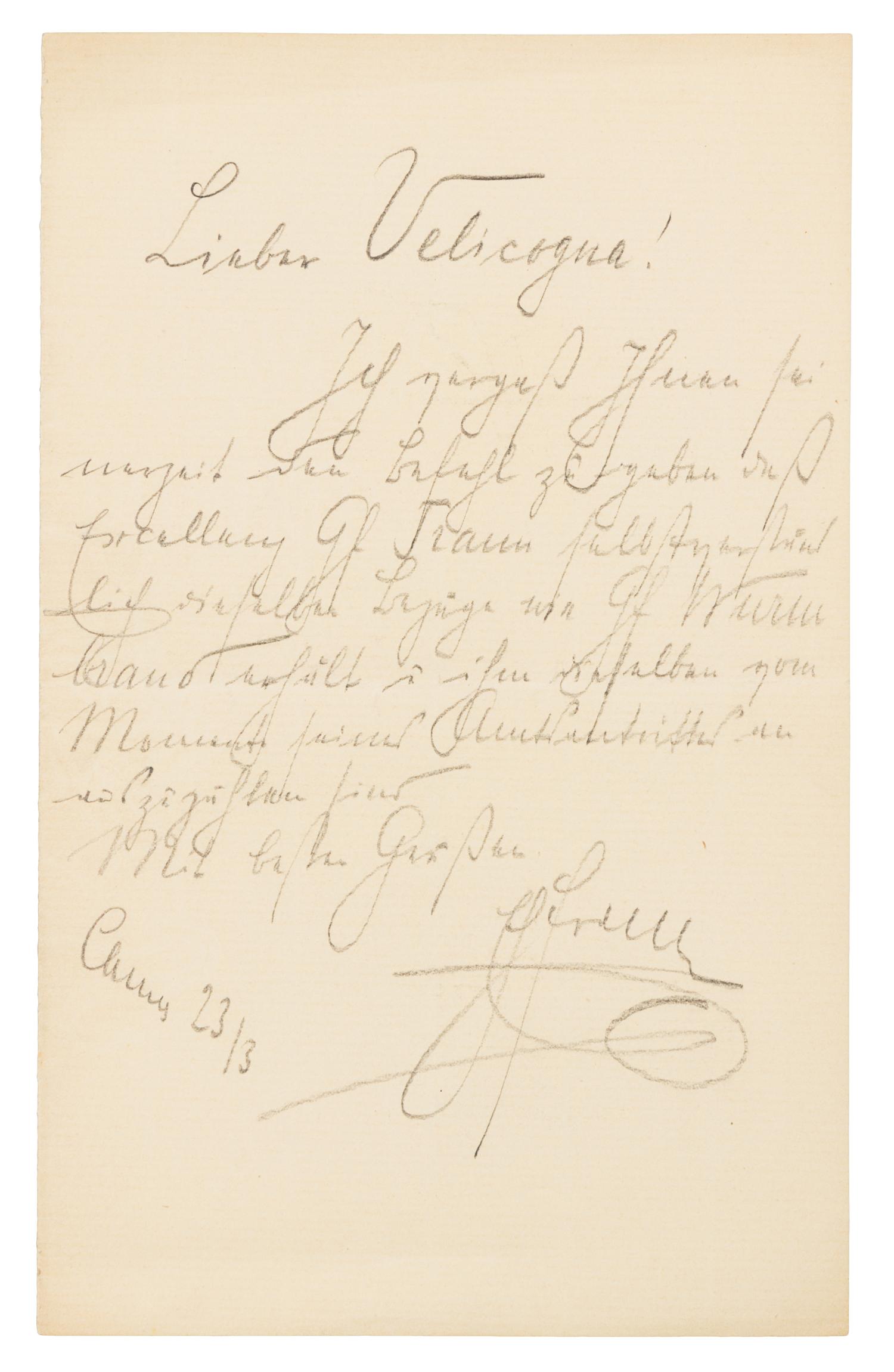 FERDINAND, Franz, Archduke (1863-1914). Autograph letter signed ("Franz"), in pencil, in Hungarian, to Velicogna. Cannes, 23 March, [no