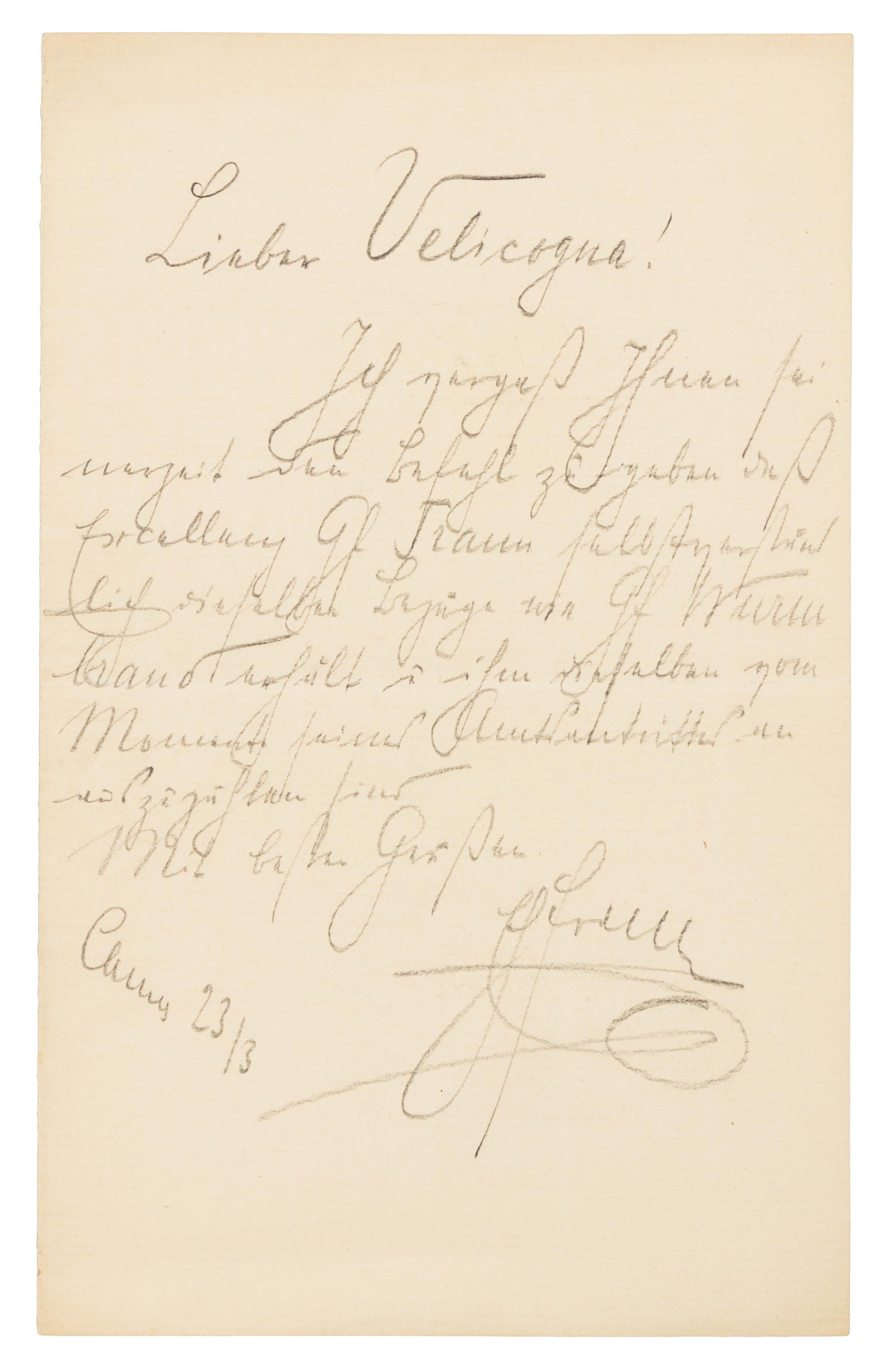 FERDINAND, Franz, Archduke (1863-1914). Autograph letter signed ("Franz"), in pencil, in Hungarian, to Velicogna. Cannes, 23 March, [no