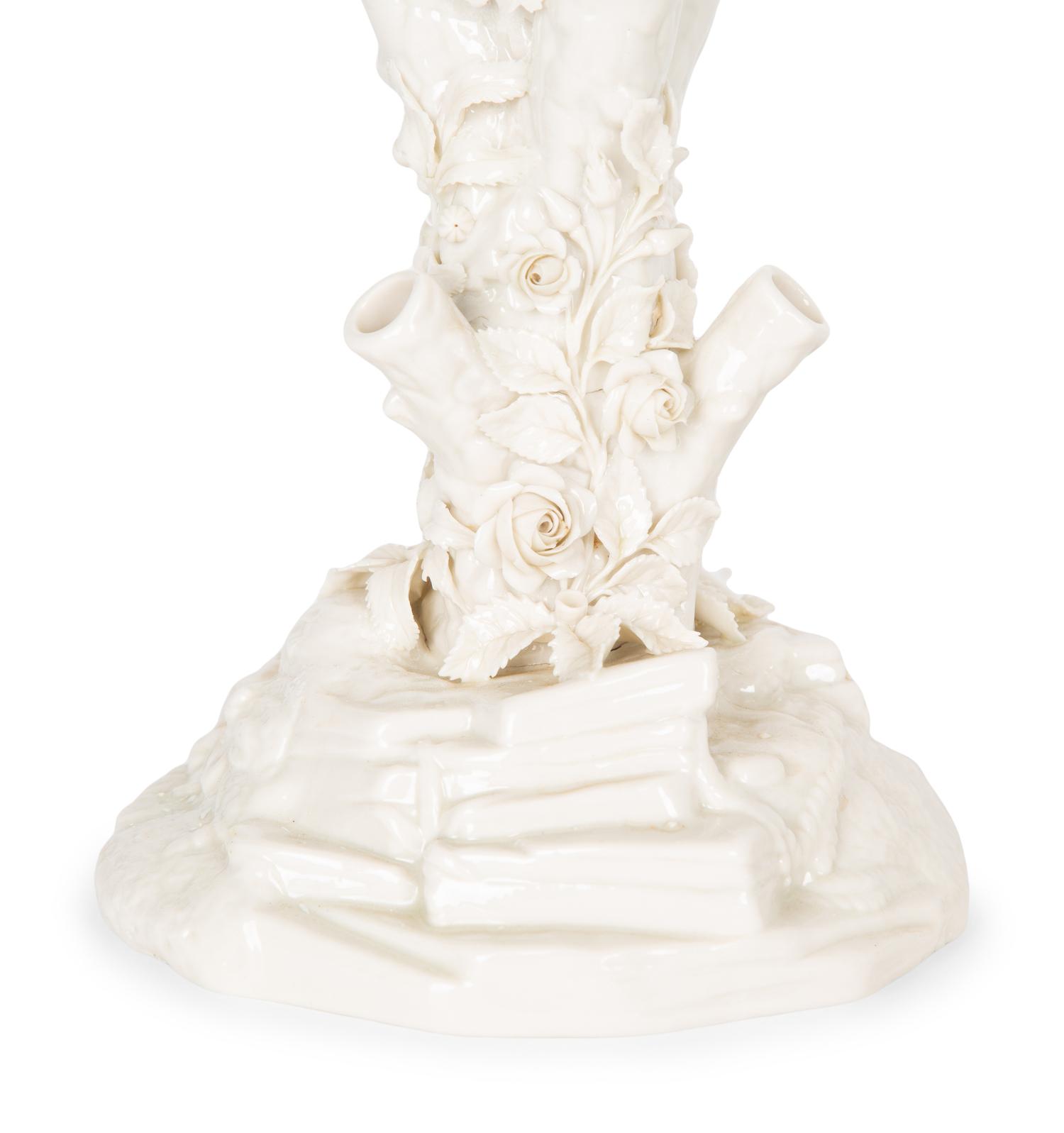 A Pair of Irish Belleek White Porcelain Bird's Nest Tree Stump Vases — LATE 19TH/EARLY 20TH CENTURY