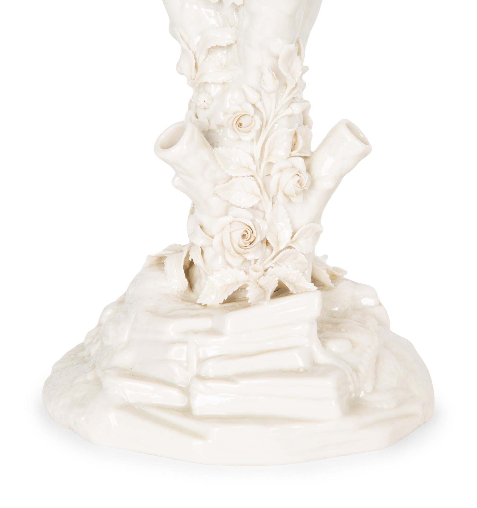 A Pair of Irish Belleek White Porcelain Bird's Nest Tree Stump Vases — LATE 19TH/EARLY 20TH CENTURY
