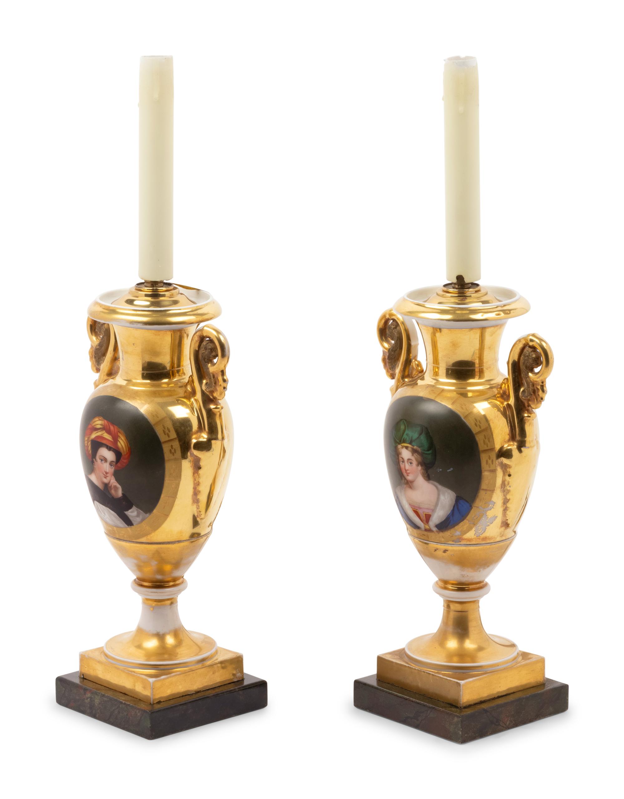 A Pair of Paris Porcelain Gold Ground Vases Mounted as Lamps with Faux Marble Bases and Silk Shades