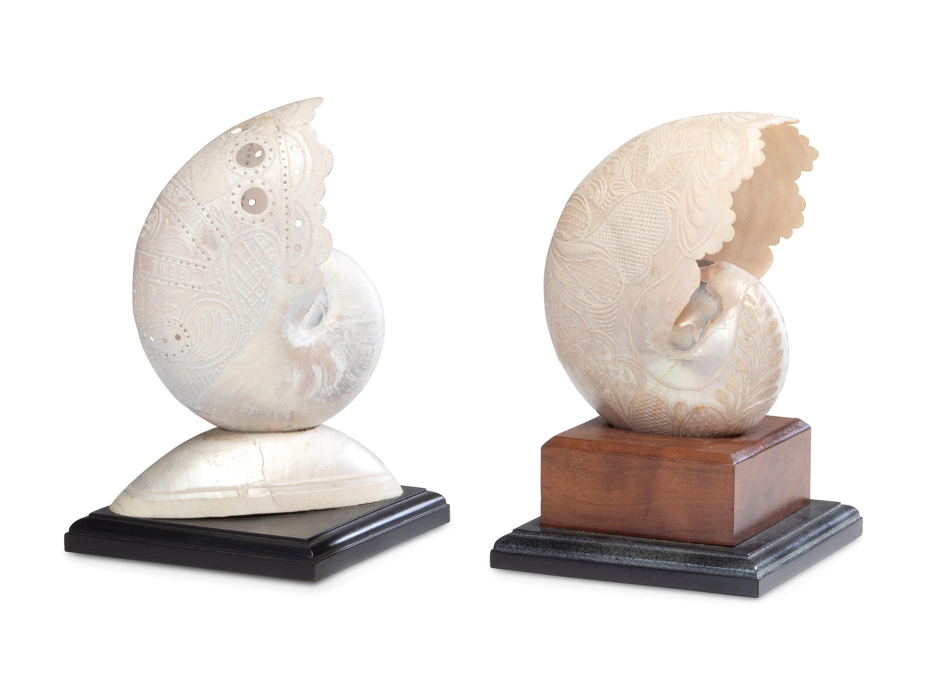 Two Carved Nautilus Shells