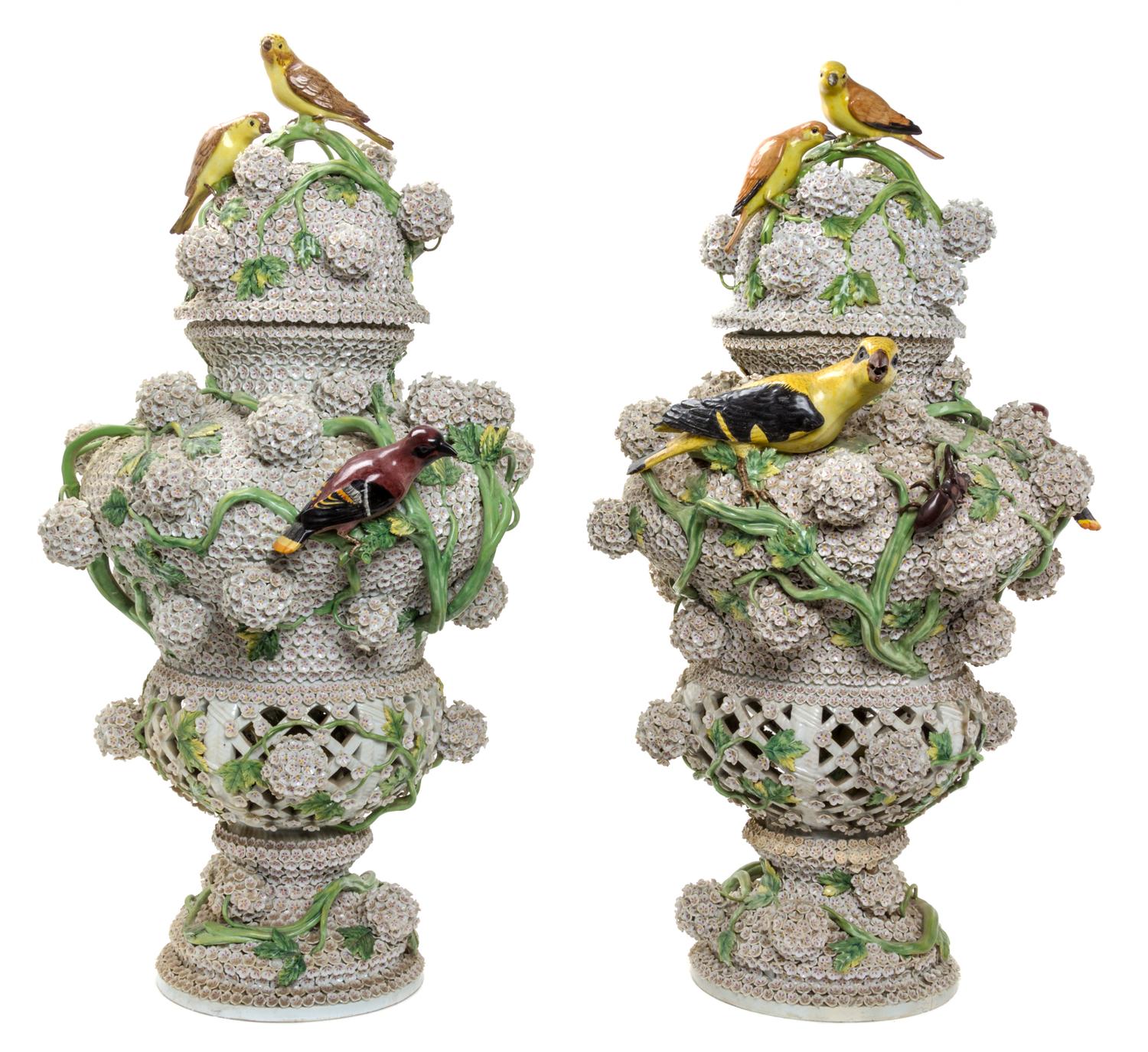 A Pair of Large Meissen Porcelain Schneeballen Urns and Covers Height 32 inches.