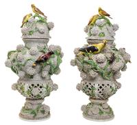 A Pair of Large Meissen Porcelain Schneeballen Urns and Covers Height 32 inches.