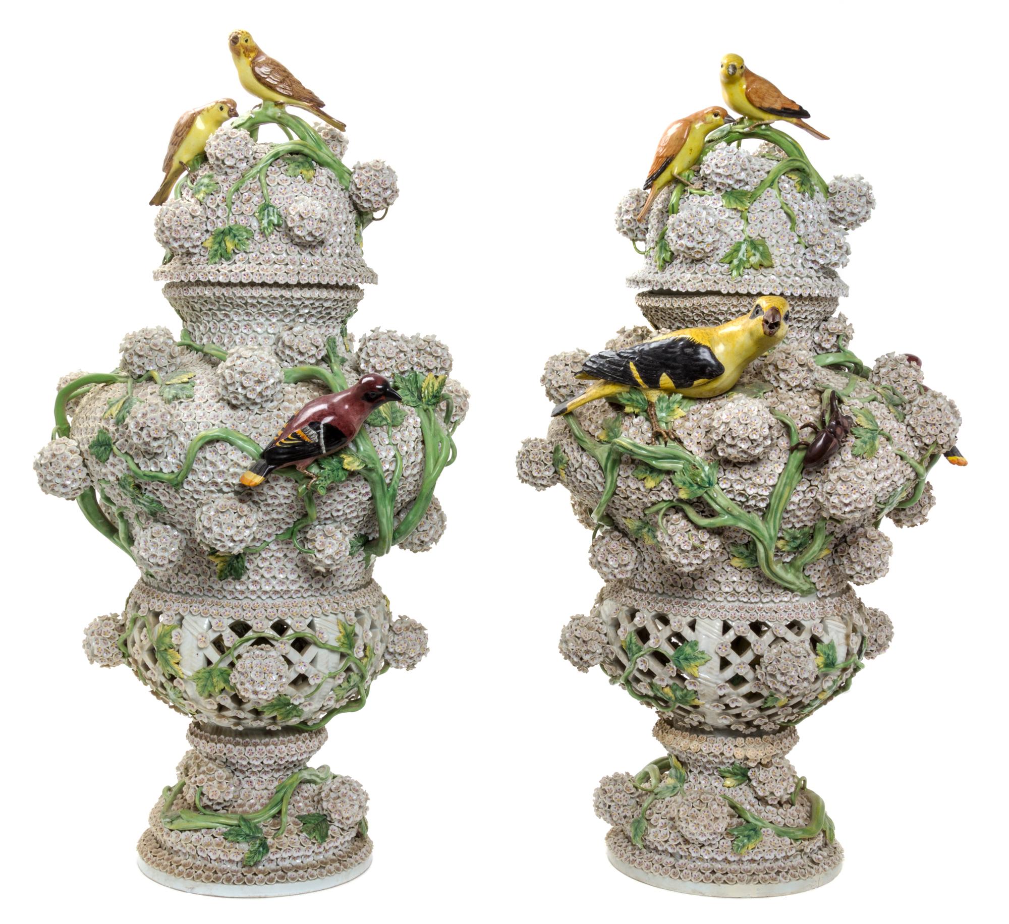 A Pair of Large Meissen Porcelain Schneeballen Urns and Covers Height 32 inches.