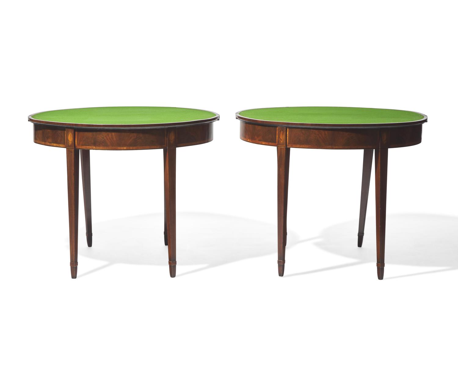 A fine pair of George III inlaid mahogany demilune card tables, circa 1790