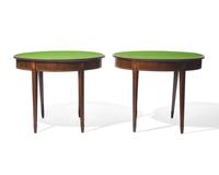 A fine pair of George III inlaid mahogany demilune card tables, circa 1790