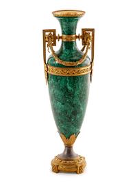 A Louis XVI Style Gilt Metal Mounted Malachite Veneered Urn