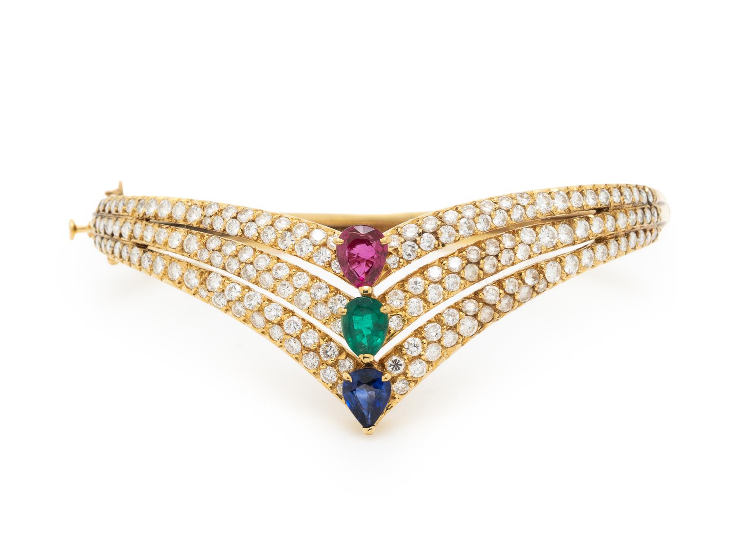 FRED, DIAMOND, MULTIGEM, AND YELLOW GOLD BANGLE BRACELET