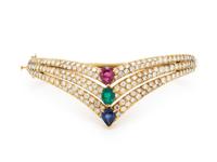 FRED, DIAMOND, MULTIGEM, AND YELLOW GOLD BANGLE BRACELET