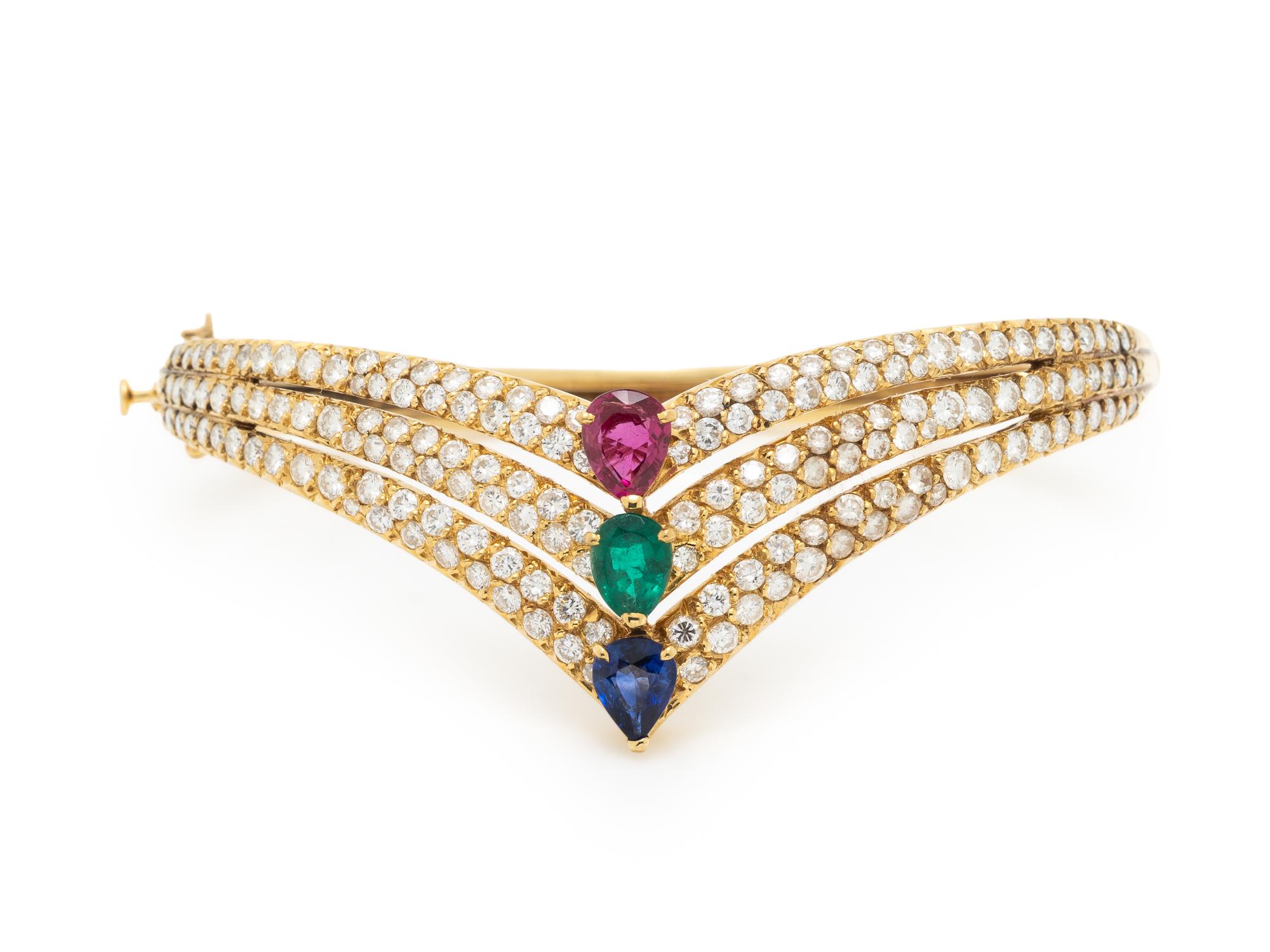 FRED, DIAMOND, MULTIGEM, AND YELLOW GOLD BANGLE BRACELET