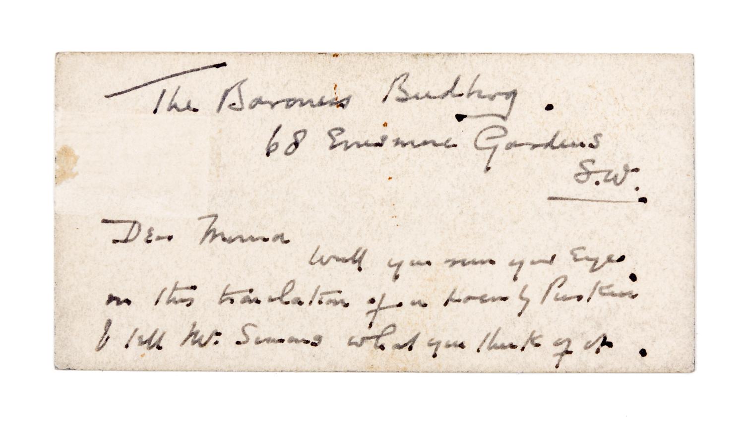 WELLS, H. G. Carte-de-visite, inscribed with short note on the verso to his mistress, Baroness Moura Budberg, re: Pushkin translation.