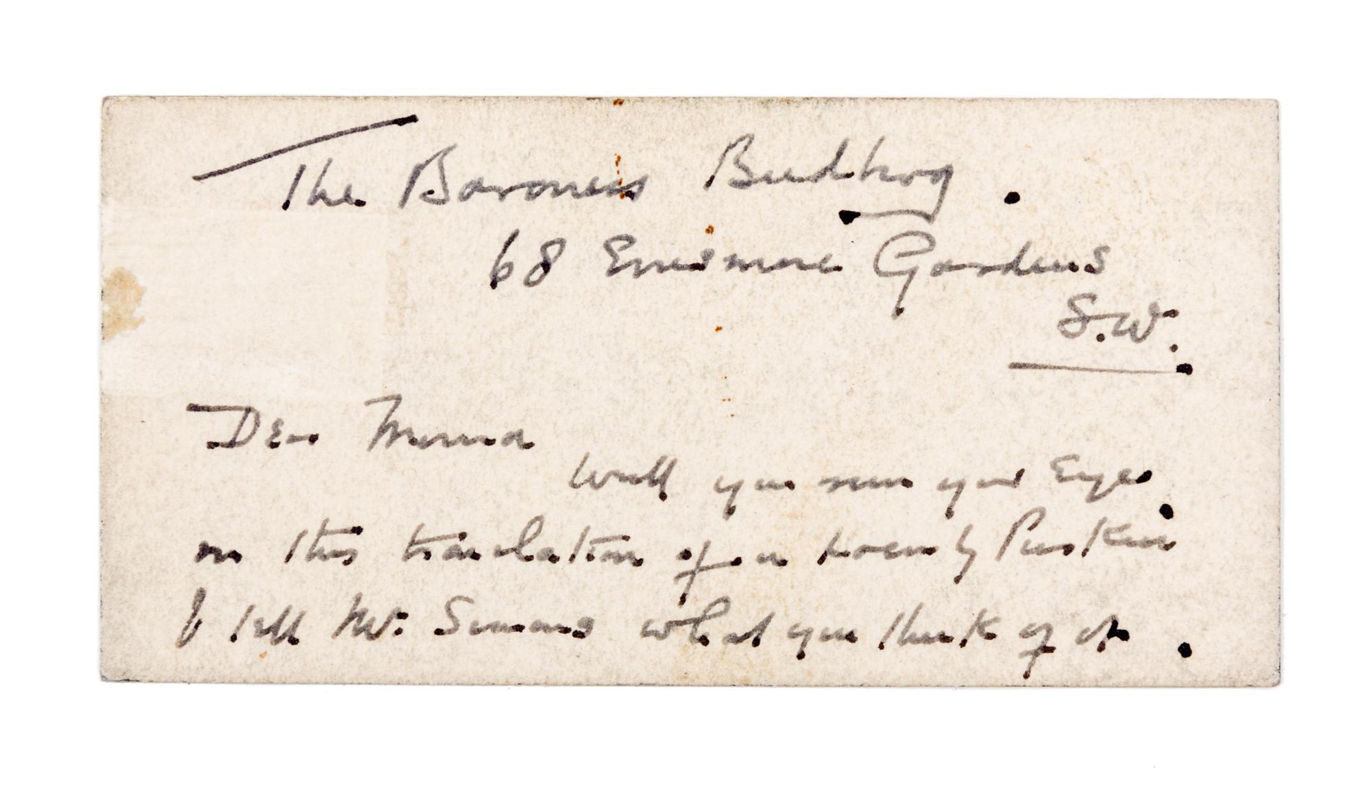 WELLS, H. G. Carte-de-visite, inscribed with short note on the verso to his mistress, Baroness Moura Budberg, re: Pushkin translation.