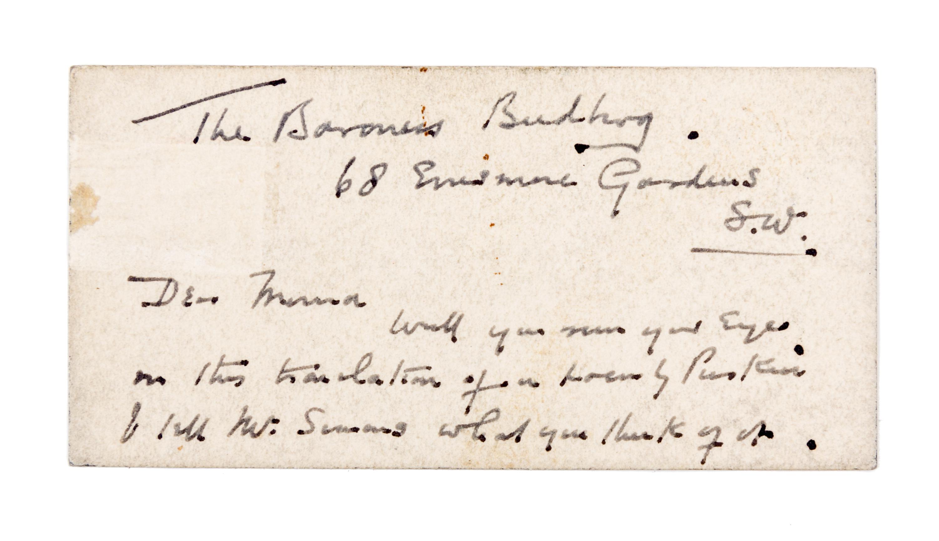 WELLS, H. G. Carte-de-visite, inscribed with short note on the verso to his mistress, Baroness Moura Budberg, re: Pushkin translation.
