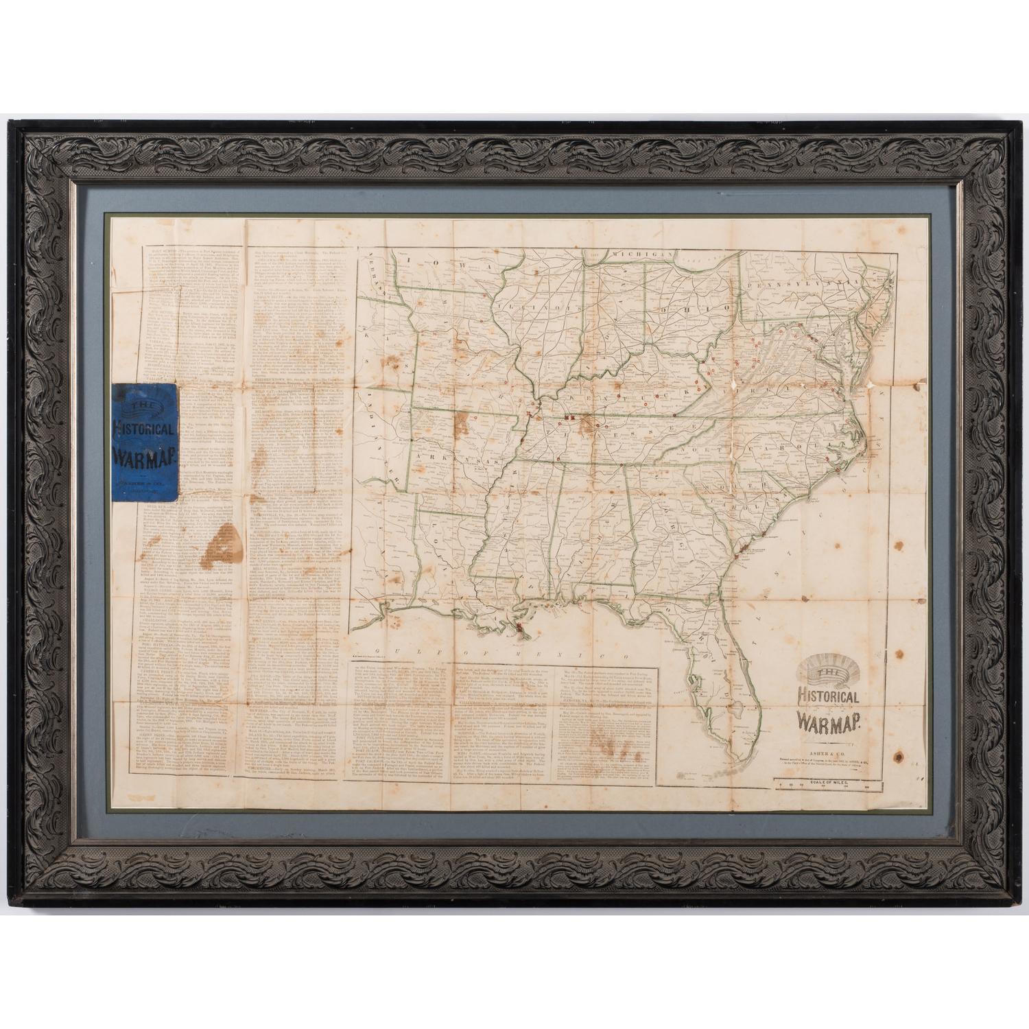 Asher's Historical War Map, 1862, with 100th Indiana History, Incl. Inked-In Troop Movements and Letter