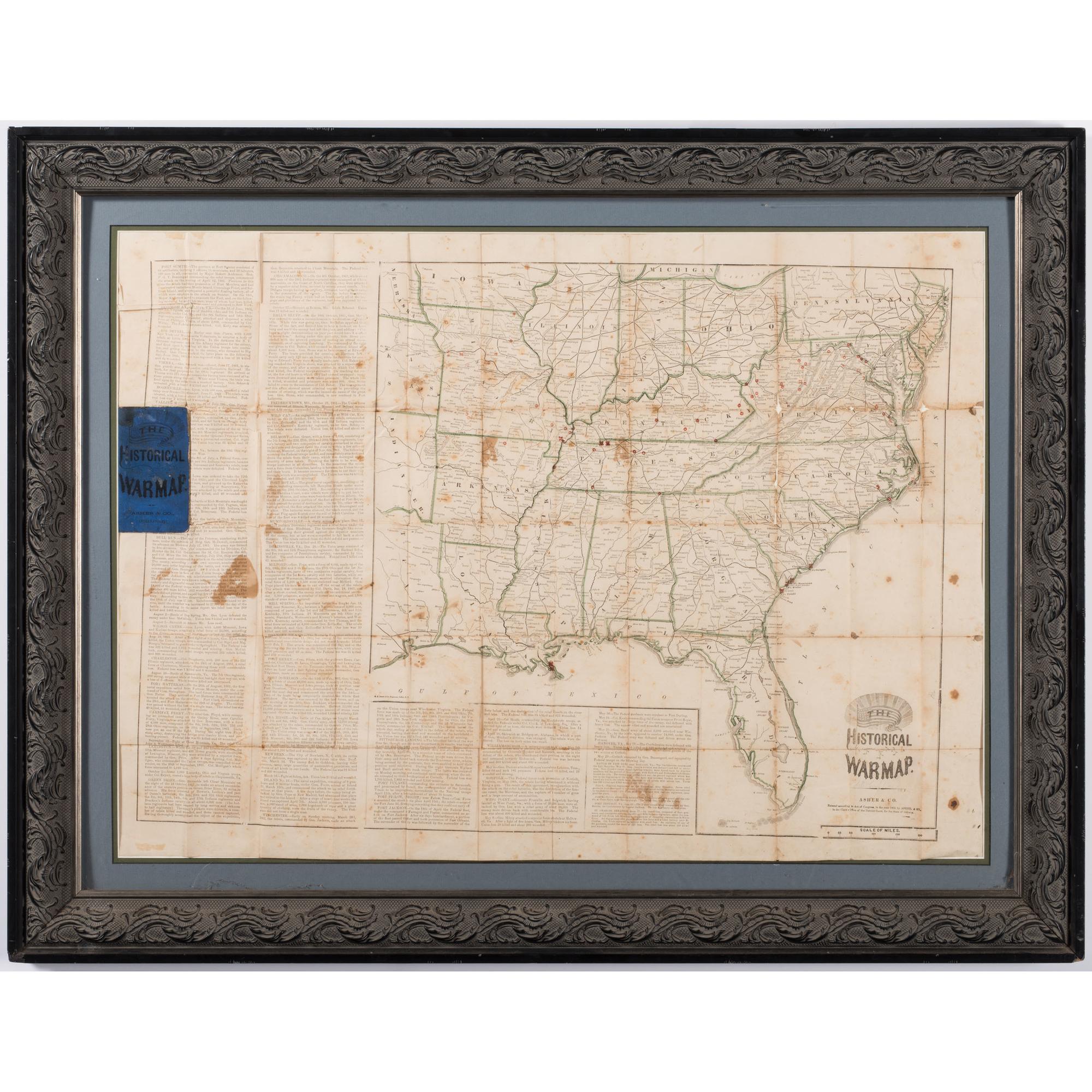 Asher's Historical War Map, 1862, with 100th Indiana History, Incl. Inked-In Troop Movements and Letter