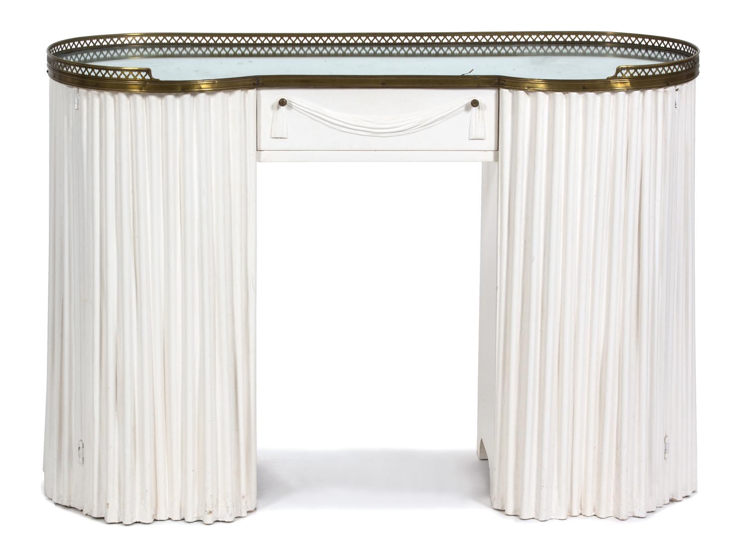An Art Deco Kidney Shaped Lady's Vanity Table Height 31 x width 44 x depth 16 1/2 inches. — 20TH CENTURY