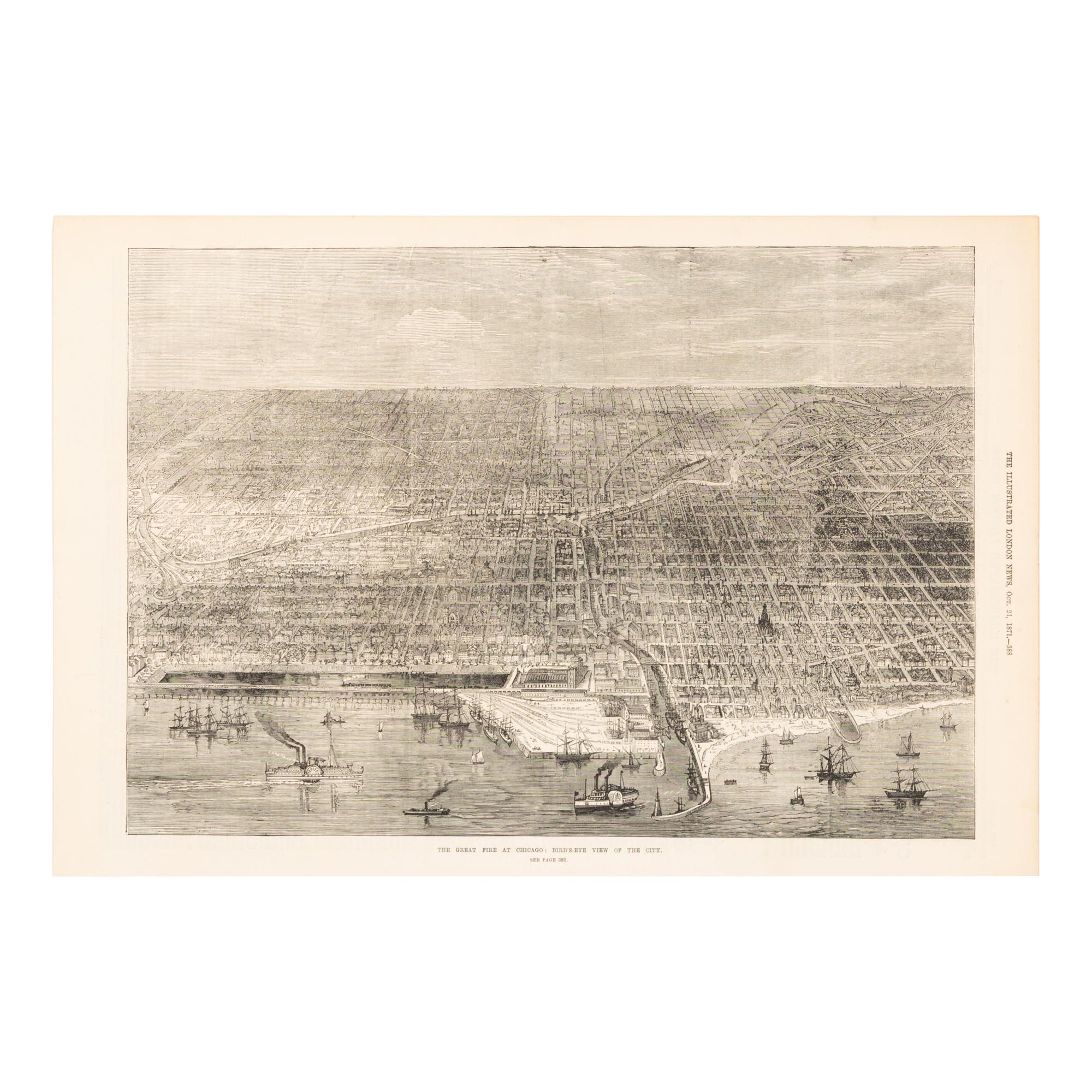 [Chicago Fire]. A group of 10 prints and 2 paintings, showing views of Chicago before and after the Great Fire, including: