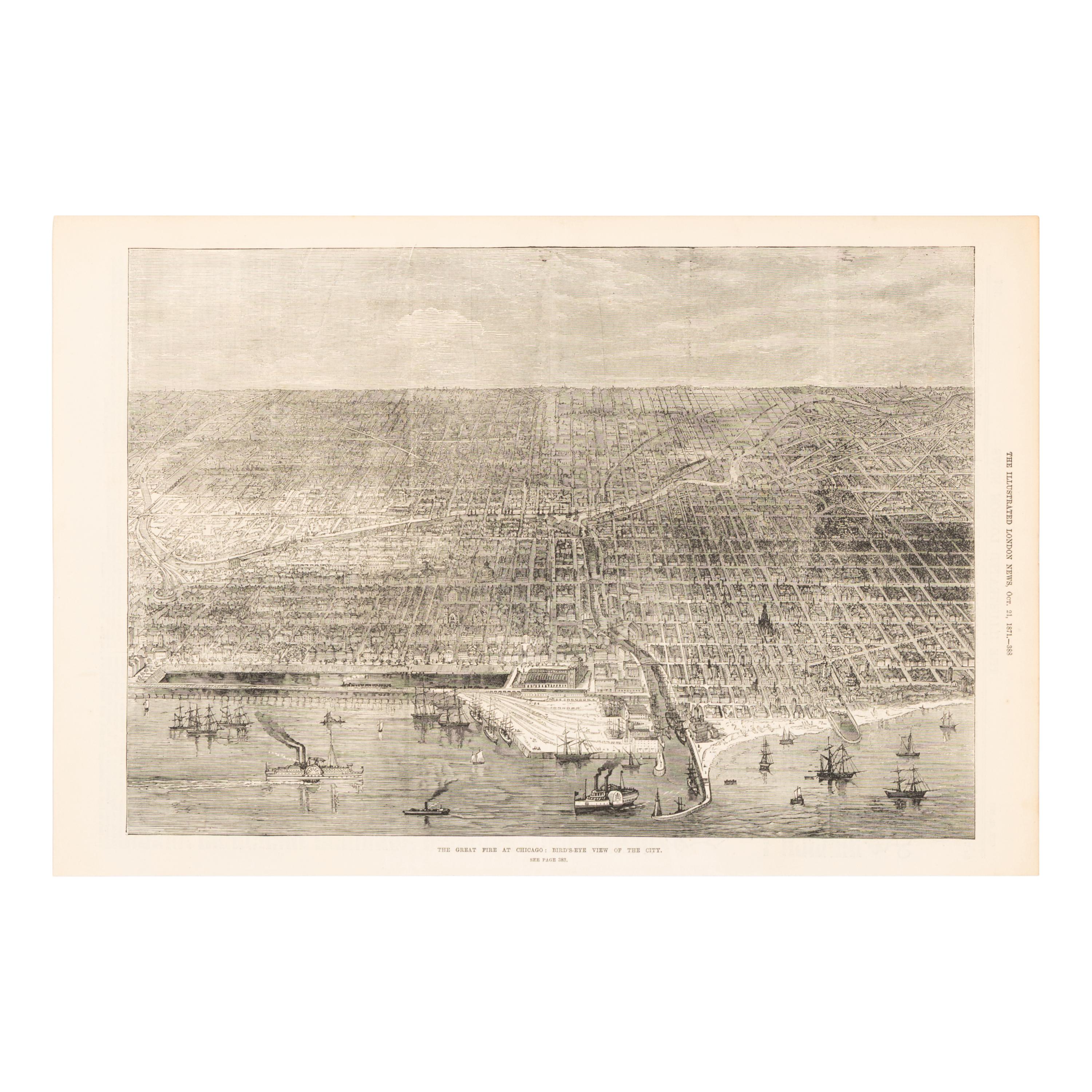 [Chicago Fire]. A group of 10 prints and 2 paintings, showing views of Chicago before and after the Great Fire, including: