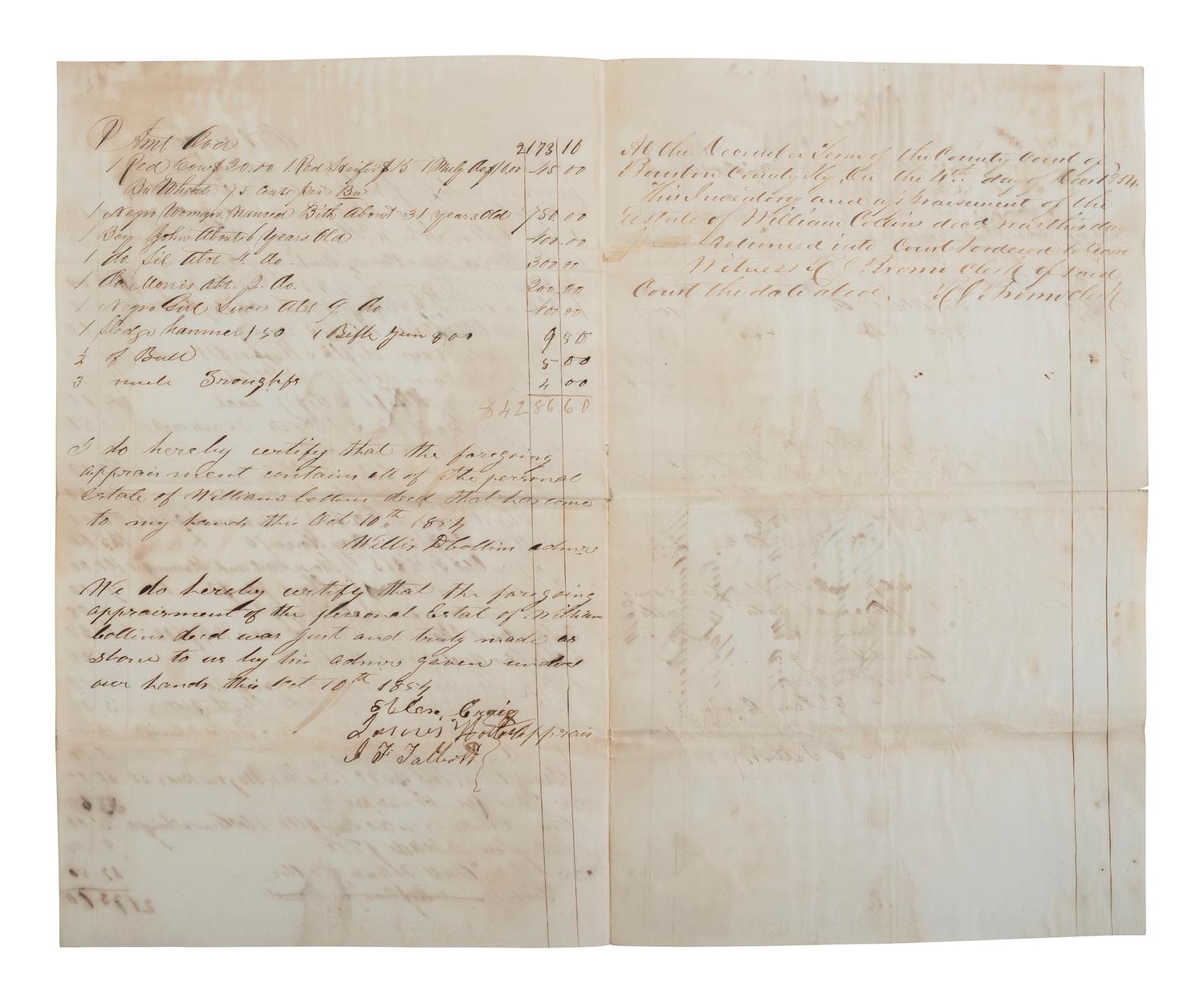 [ENSLAVEMENT & ABOLITION]. 2 estate documents listing enslaved persons, each with name and age included. Bourbon County, KY, 1833, 1854.