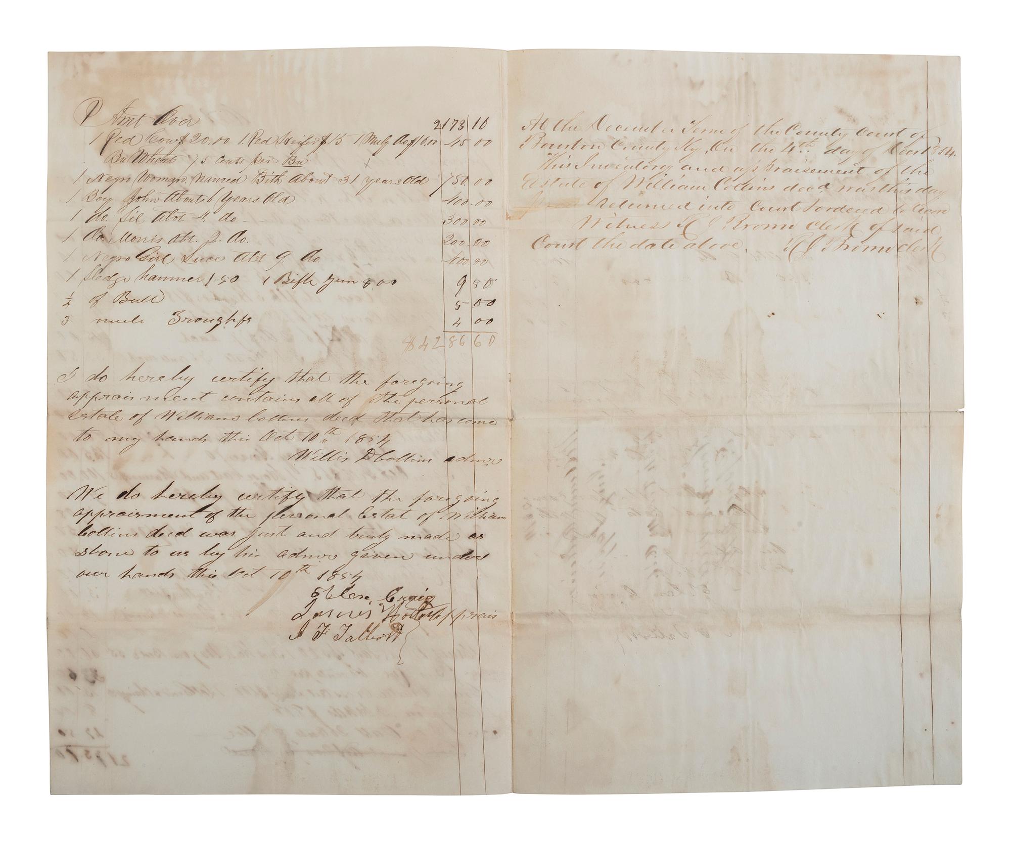 [ENSLAVEMENT & ABOLITION]. 2 estate documents listing enslaved persons, each with name and age included. Bourbon County, KY, 1833, 1854.