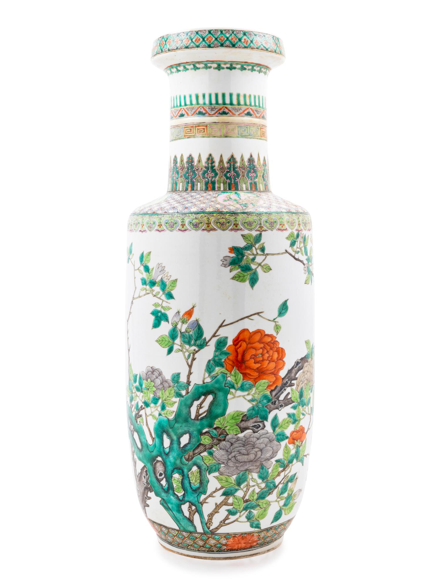 A Large Famille Verte Porcelain Rouleau Vase