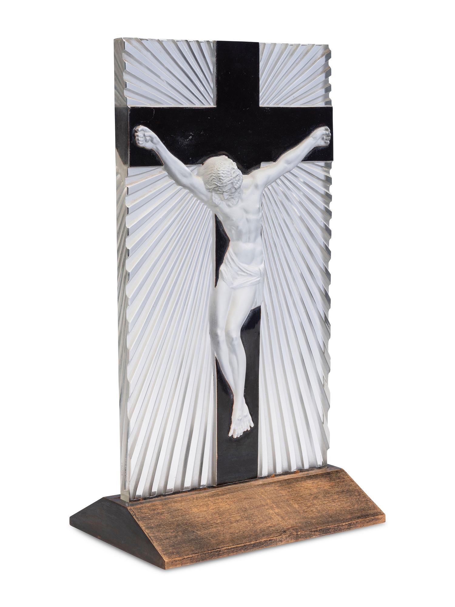 A Lalique Frosted Glass and Enamel Crucifix
