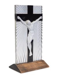 A Lalique Frosted Glass and Enamel Crucifix