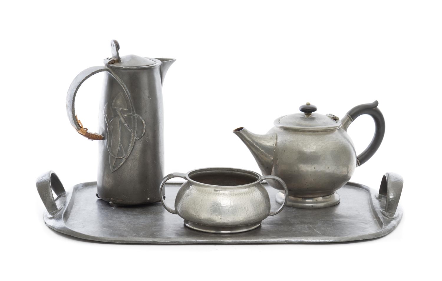 An Assembled Liberty & Co. Pewter Tea Service Width of first over handles 19 1/4 inches. — EARLY 20TH CENTURY