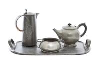 An Assembled Liberty & Co. Pewter Tea Service Width of first over handles 19 1/4 inches. — EARLY 20TH CENTURY