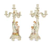 A Pair of German Porcelain Four-Light Figural Candelabras