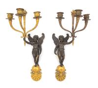 A Pair of Empire Gilt and Patinated Bronze Figural Three-Light Sconces Height 16 1/4 inches. — LATE 19TH CENTURY