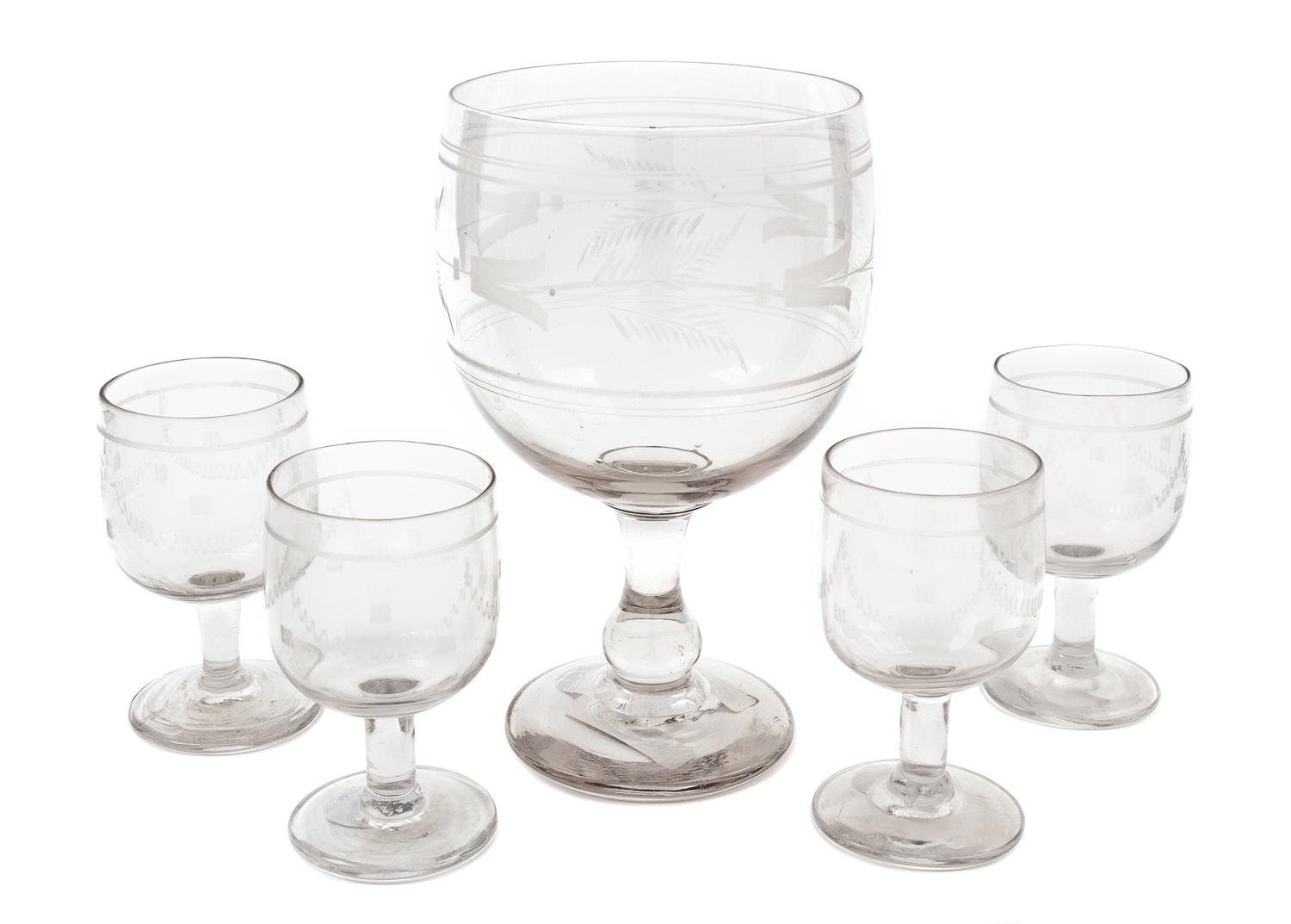 A Set of Five French Etched Glass Stems