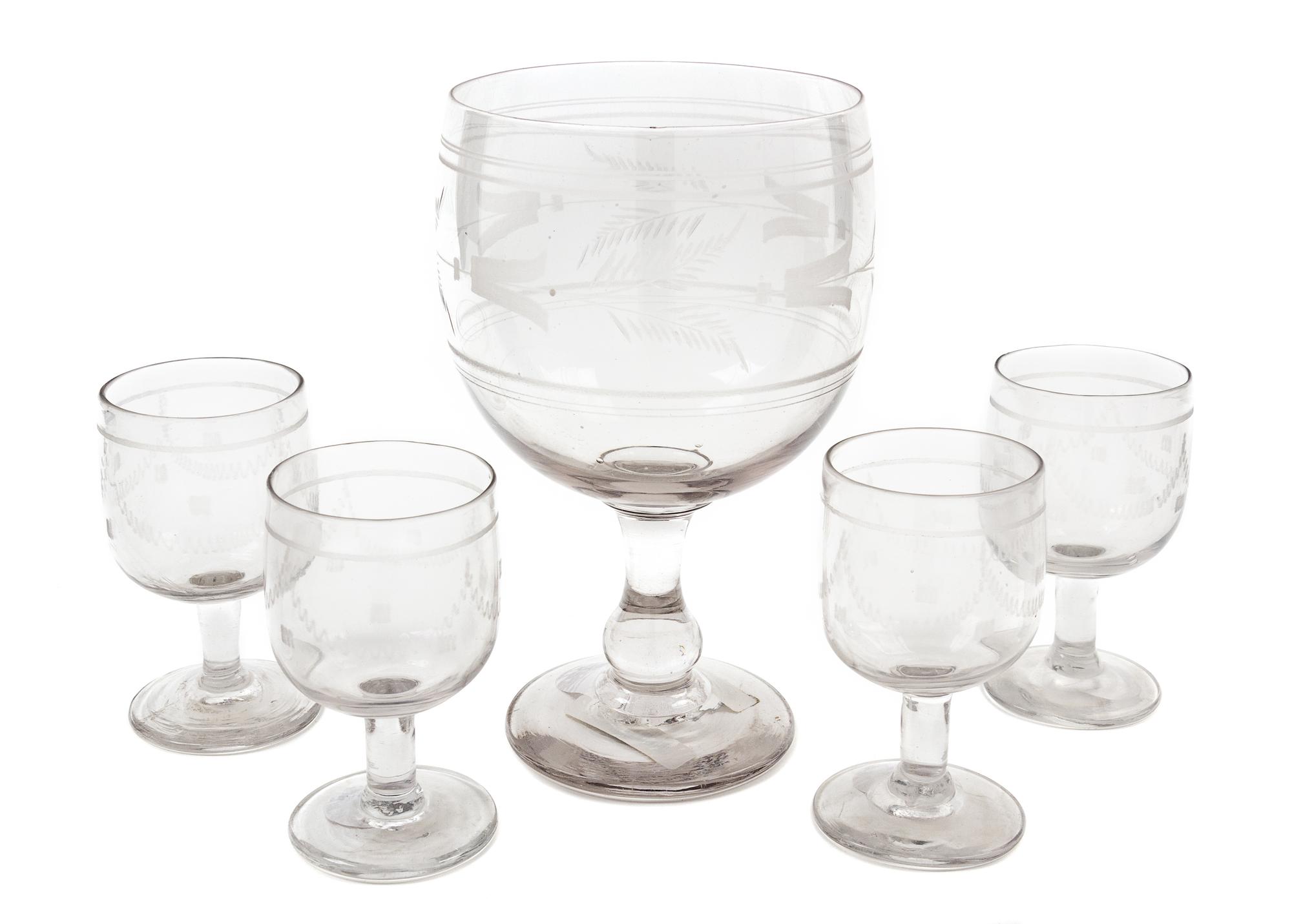 A Set of Five French Etched Glass Stems