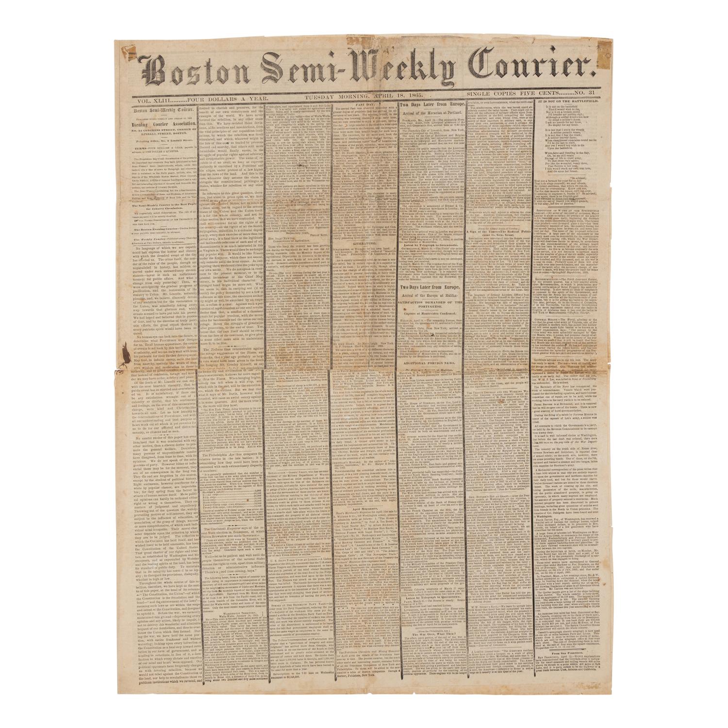 [LINCOLN ASSASSINATION]. A group of 6 newspapers, comprising: