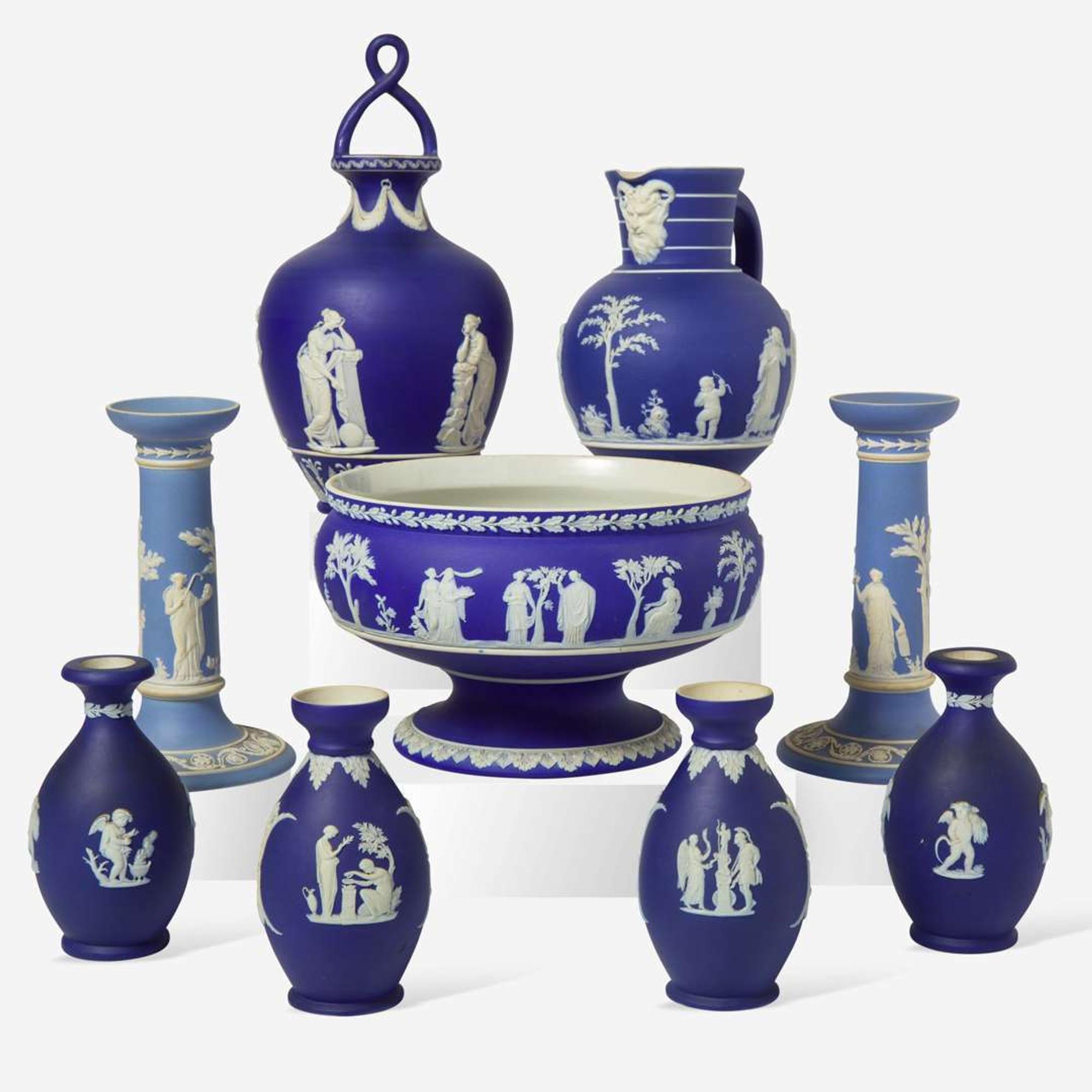 A collection of nine Wedgwood blue jasperware tablewares England, late 19th / early 20th century
