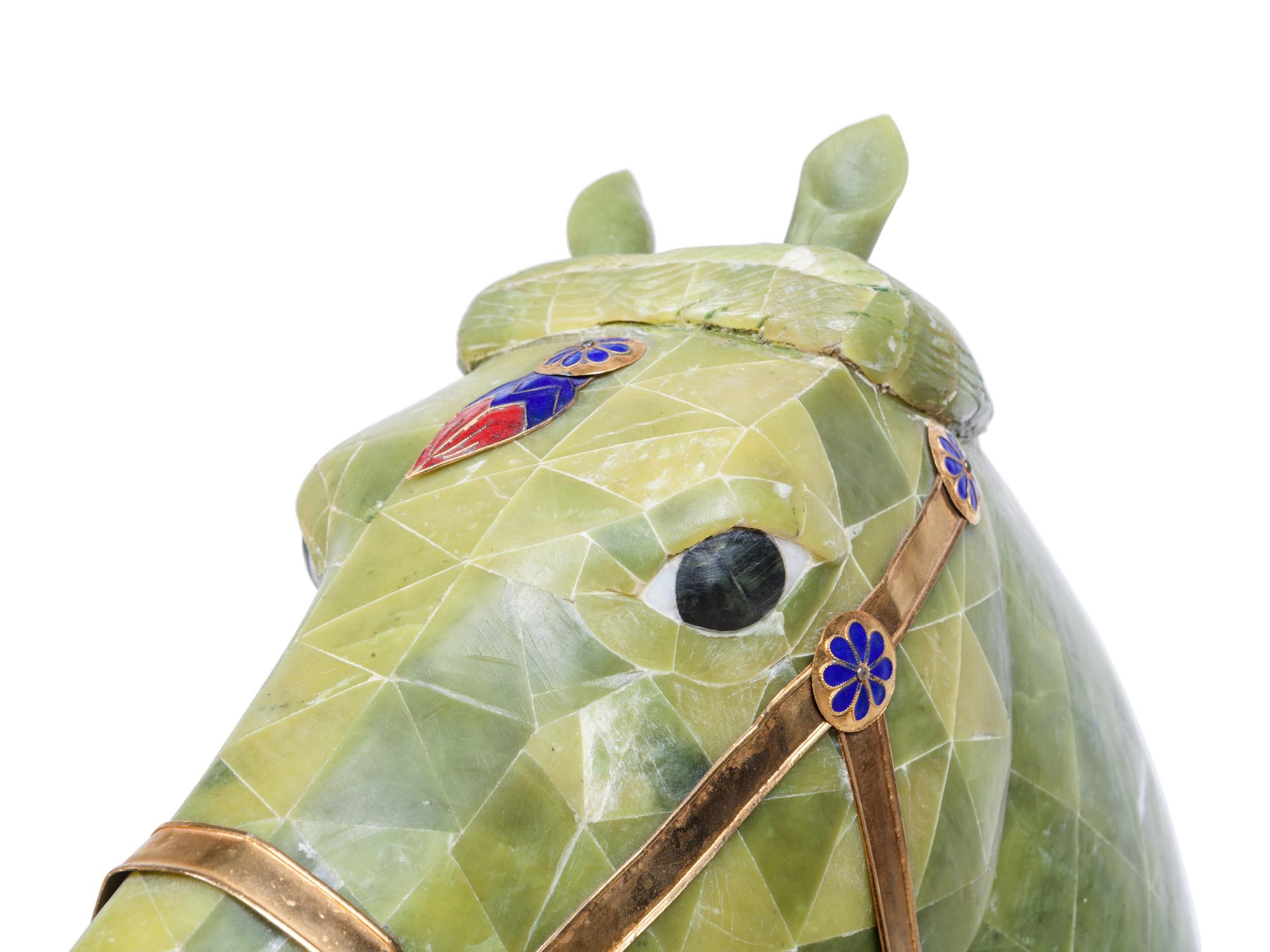 A Pair of Chinese Export Hardstone Veneered Tang Style Horses with Champlevé Decoration